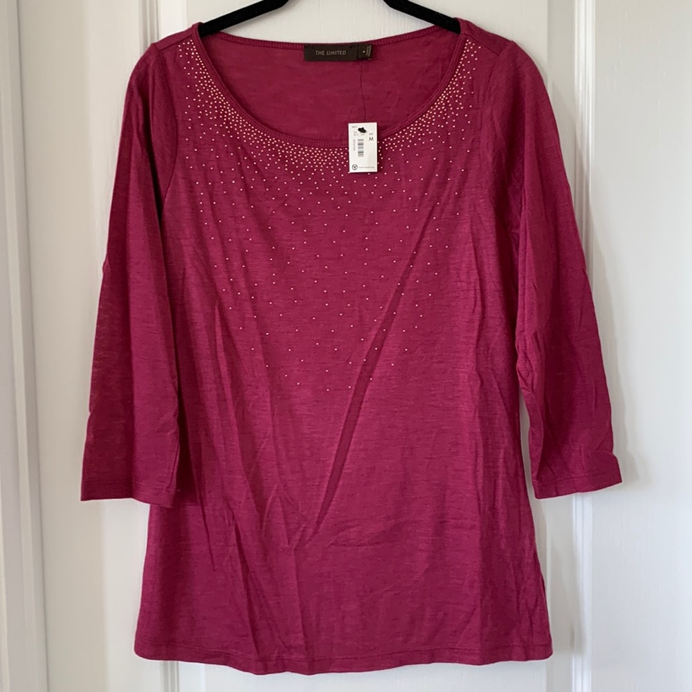 NWT THE LIMITED Gold Studded 3/4 Length Sleeves Semi-Sheer Top Size M